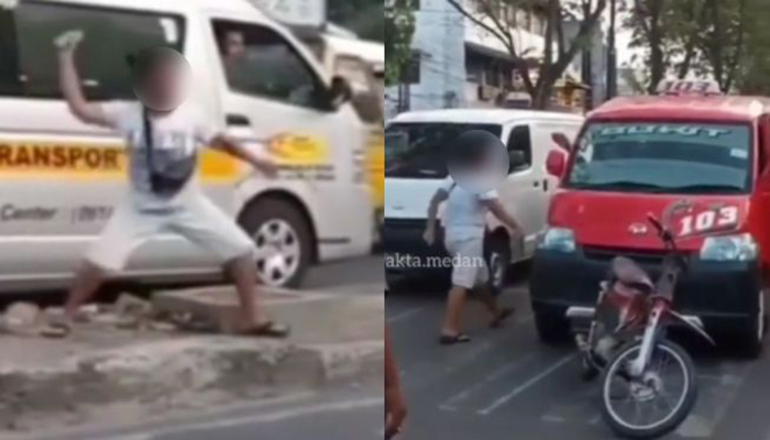 Emak-emak mengamuk lempari angkot pakai paving pembatas jalan. (Instagram)