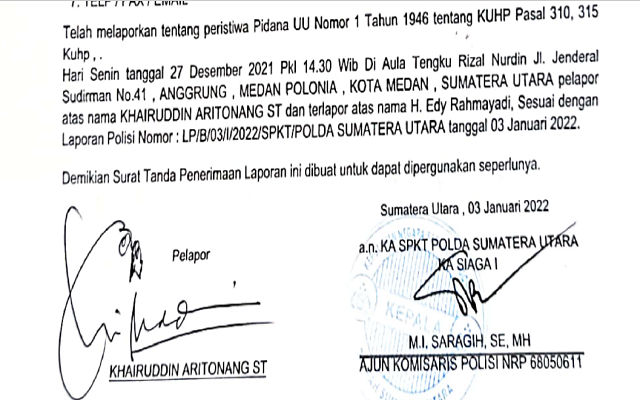 Surat Tanda Terima Laporan Polisi (STTPL) Khairuddin Aritonang ST 